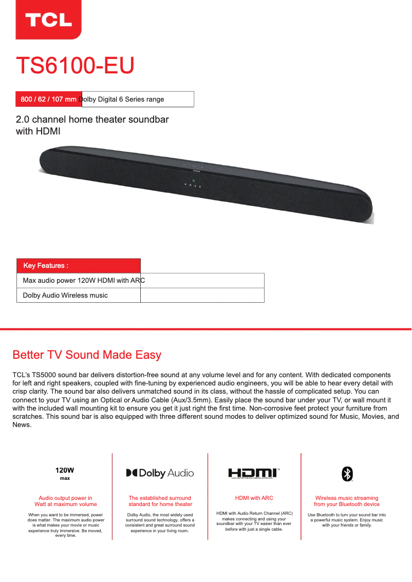 Page 1 of the manual Technical Sheet TCL Alto 6 TS6100