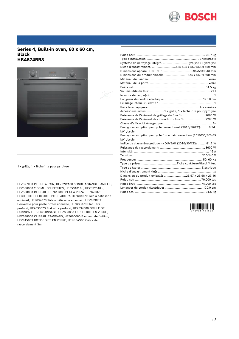Page 1 de la notice Fiche technique Bosch HBA574BB3