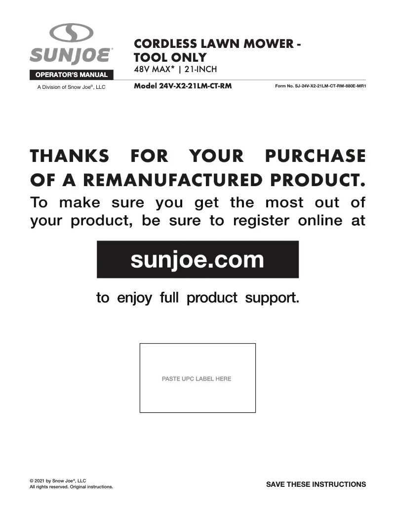 Page 1 de la notice Manuel utilisateur Sun Joe 24V-X2-21LMSP-CT-RM