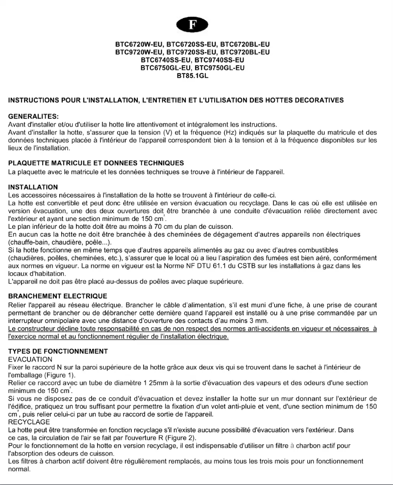 Page 1 de la notice Manuel utilisateur Baumatic BTC6720BL