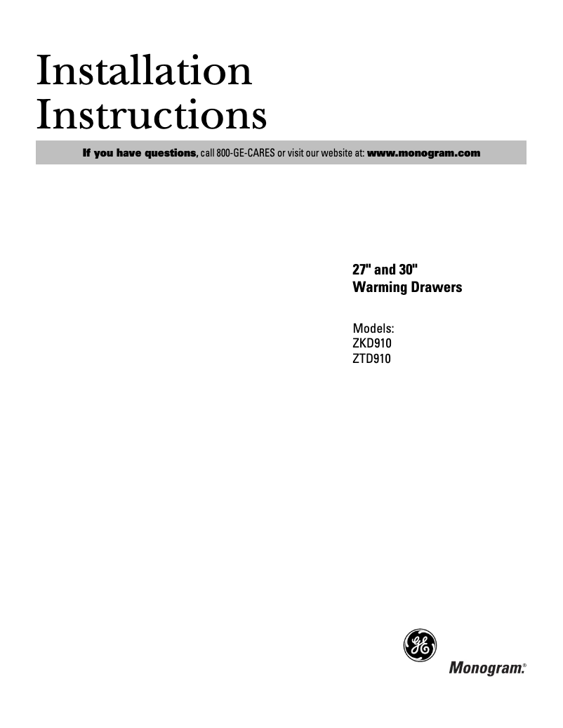 Page 1 of the manual Installation Guide GE ZKD910WFWW