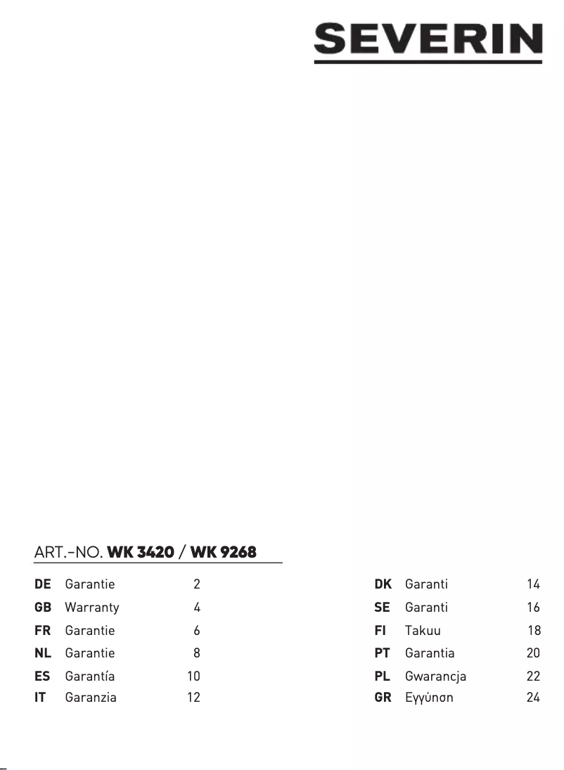 Page 1 de la notice Informations de garantie Severin WK 9268