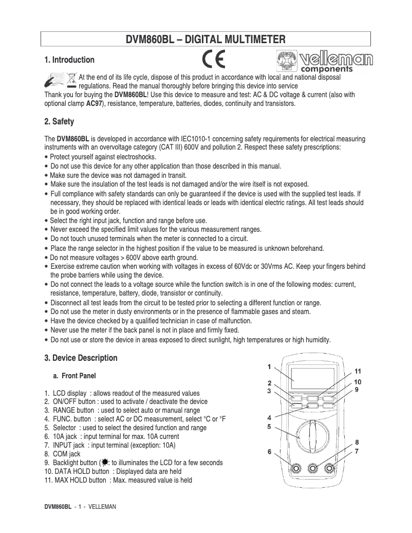 Page 1 de la notice Manuel utilisateur Velleman DVM860BL