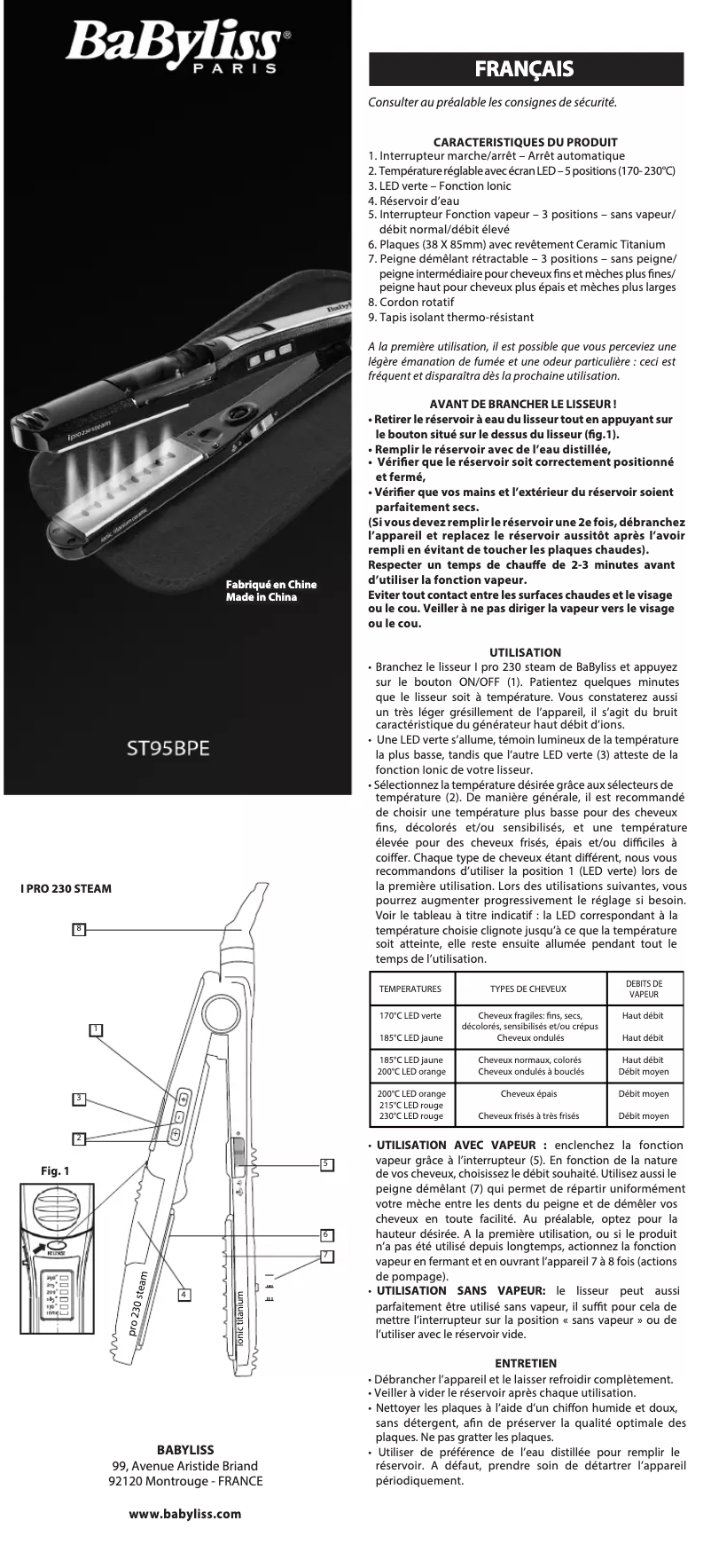 Page 1 de la notice Manuel utilisateur BaByliss iPro 230 Steam ST95BPE