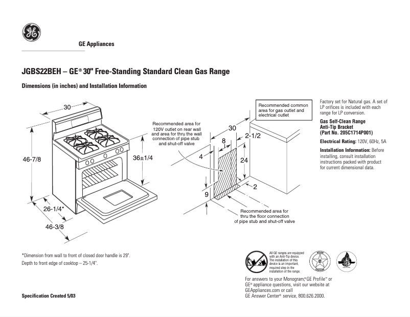 Page 1 of the manual Technical Sheet GE JGBS22BEHWH