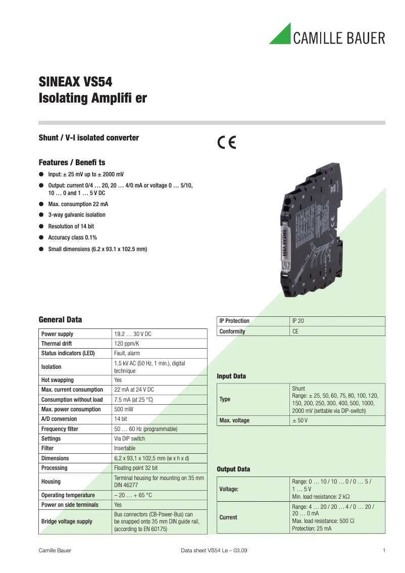 Page 1 de la notice Fiche technique Camille Bauer Sineax VS54