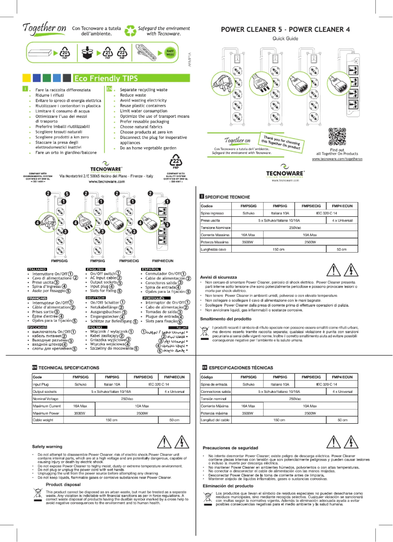 Page 1 de la notice Manuel utilisateur Tecnoware Power Cleaner 5