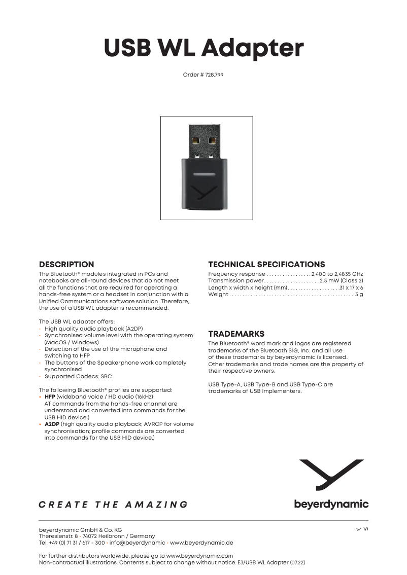 Page n°1 - Fiche technique Beyerdynamic USB WL Adapter