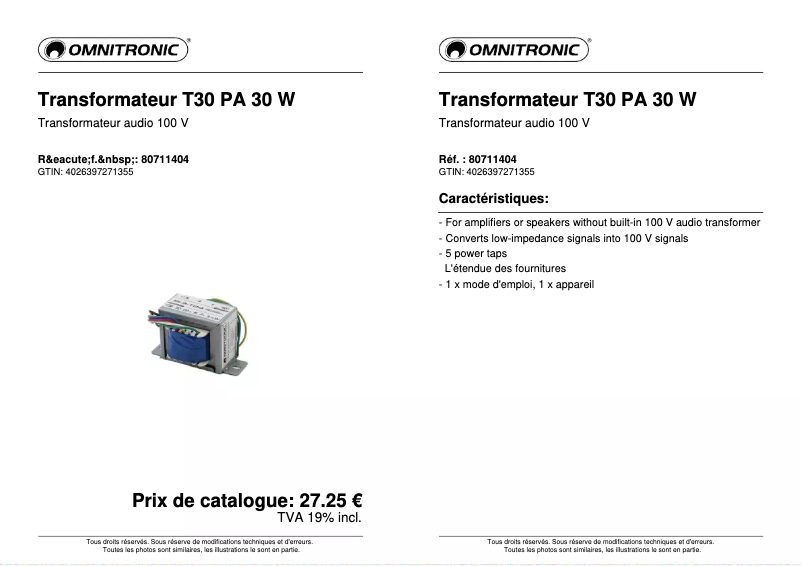 Page n°1 - Fiche technique Omnitronic ELA-T30