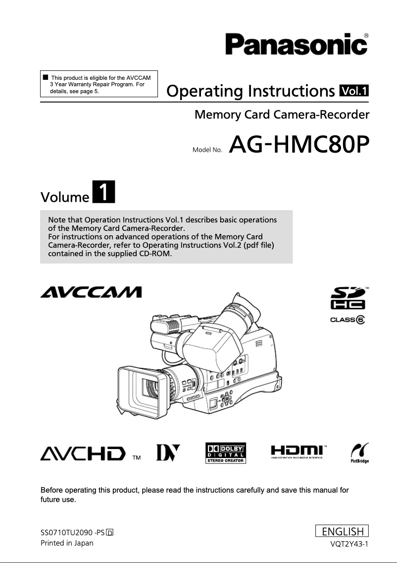 Page n°1 - Manuel utilisateur Panasonic AG-HMC80P