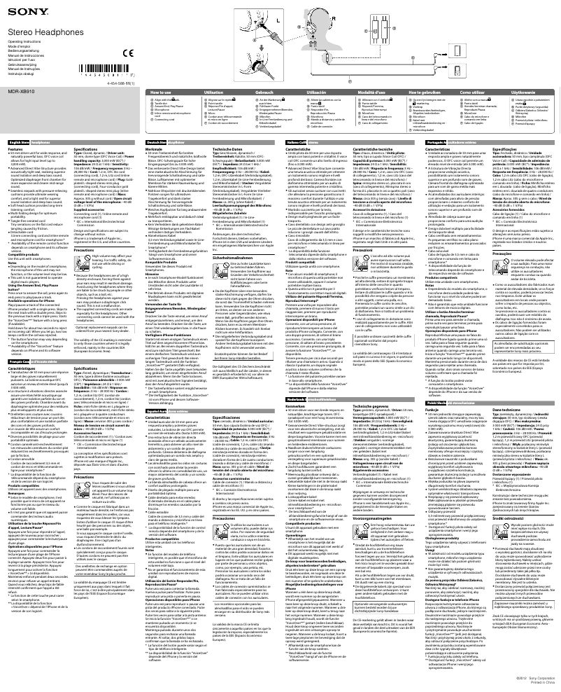 Page 1 de la notice Manuel utilisateur Sony MDR-XB910