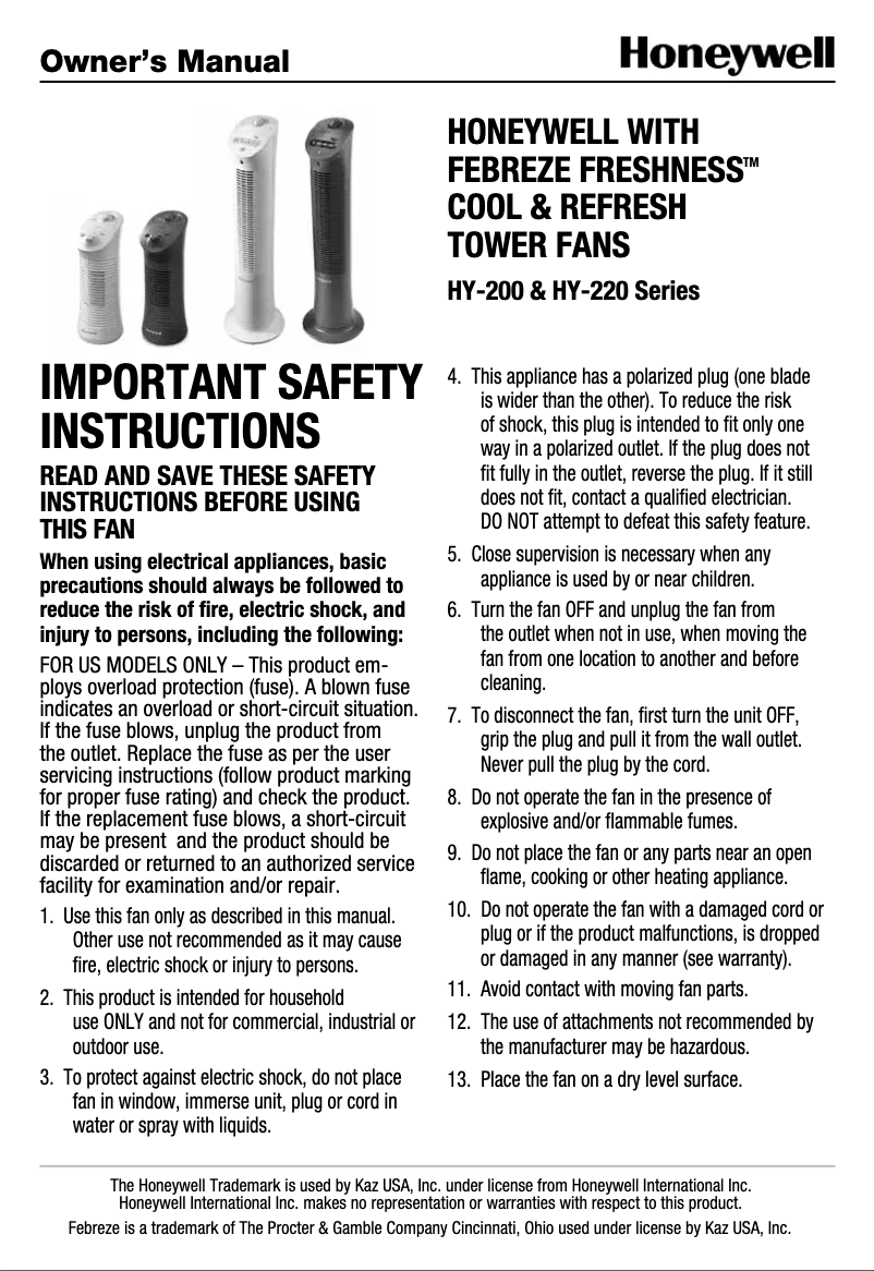 Image de la première page du manuel de l'appareil Febreze Freshness HY-224