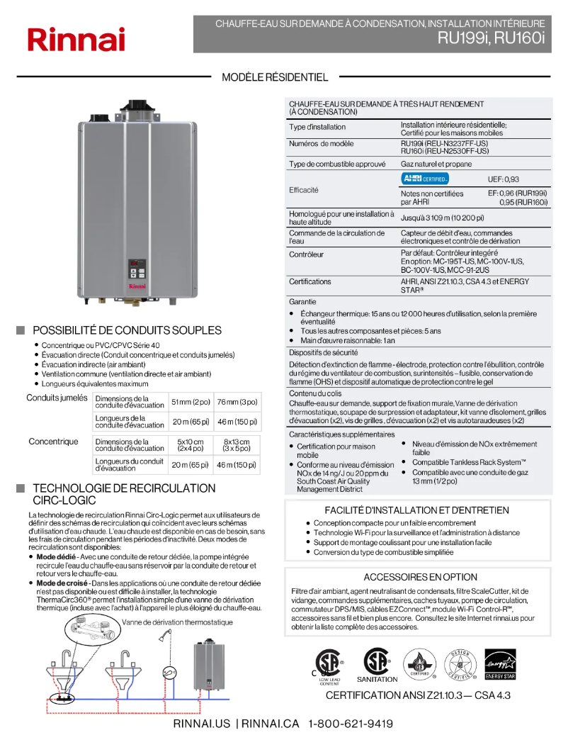 Page 1 de la notice Fiche technique Rinnai RUR160iP