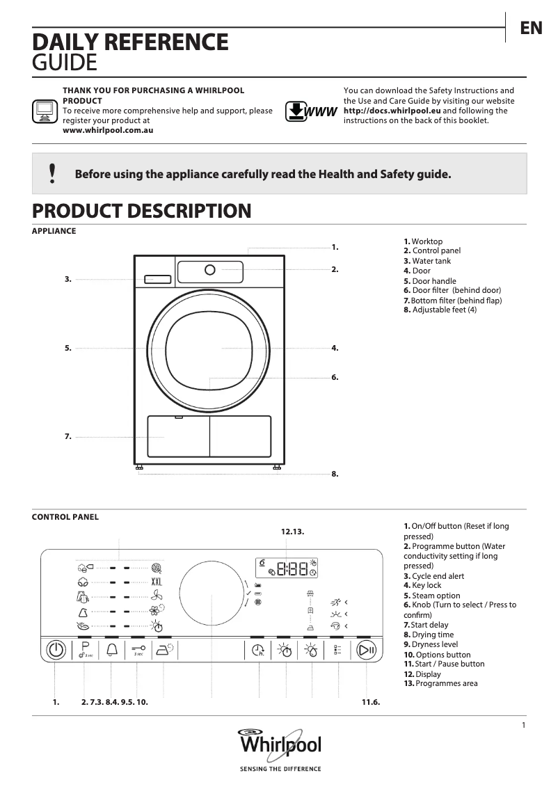 Page n°1 - Fiche technique Whirlpool DSCR 80320