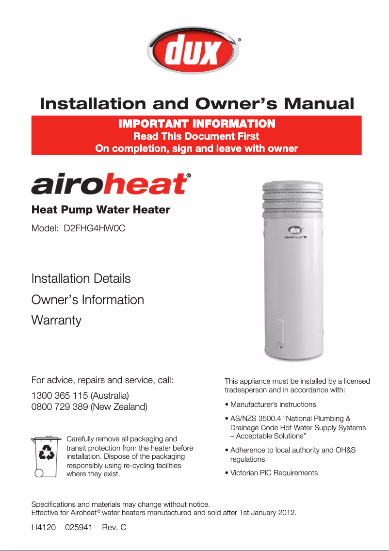 Page 1 de la notice Manuel utilisateur Dux Airoheat D2FHG3000C