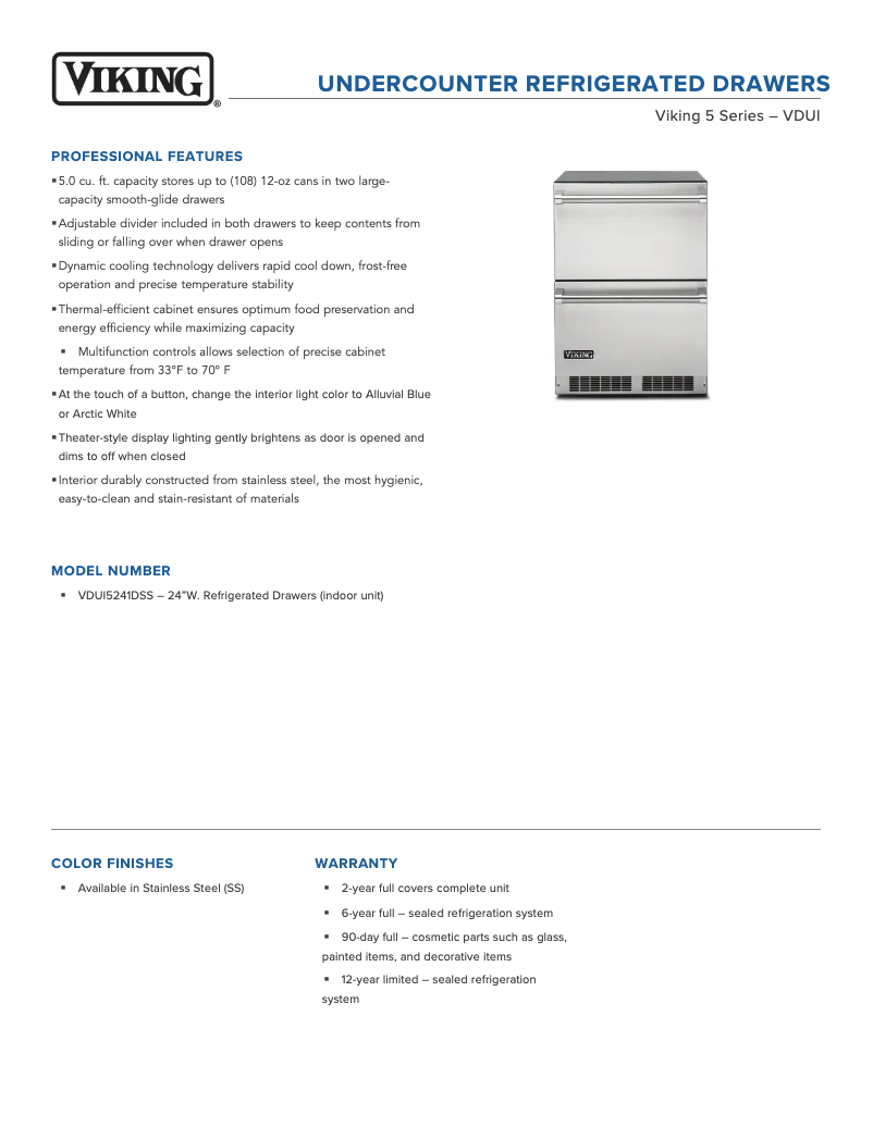 Page 1 de la notice Fiche technique Viking VDUI5241DSS