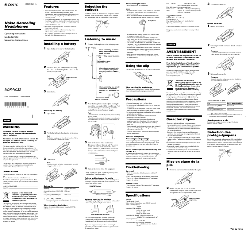Page 1 de la notice Manuel utilisateur Sony MDR-NC22