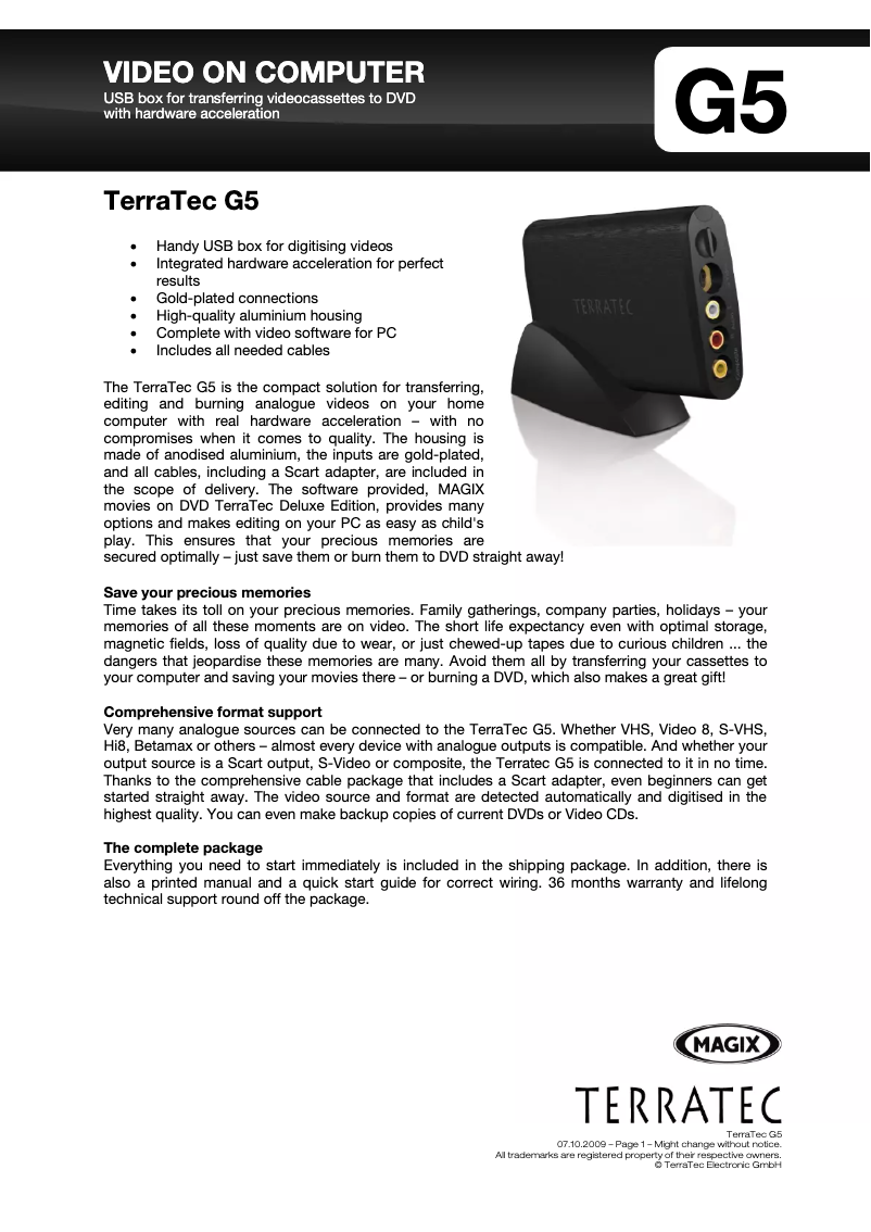 Page 1 de la notice Manuel utilisateur Terratec G5