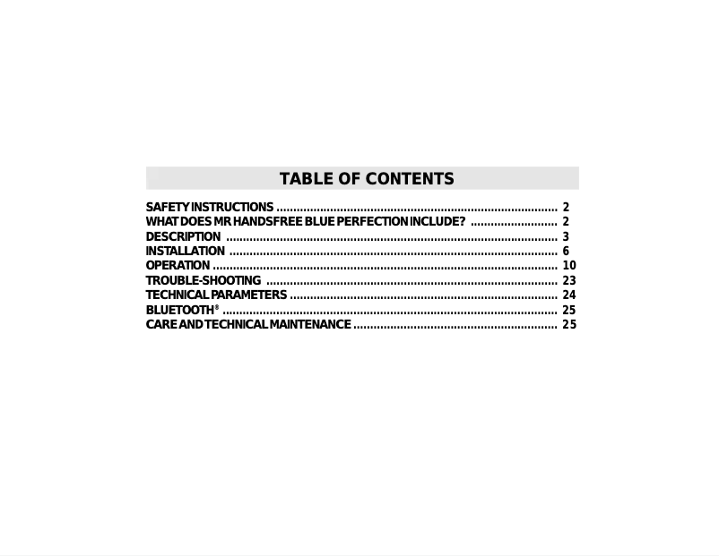 Page 1 de la notice Manuel utilisateur Mr. Handsfree Blue Perfection