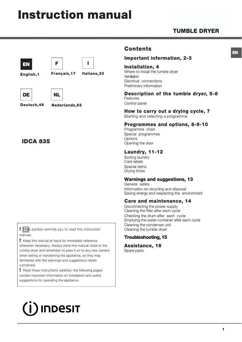 Imagen de la primera página del manual del dispositivo IDCA 835