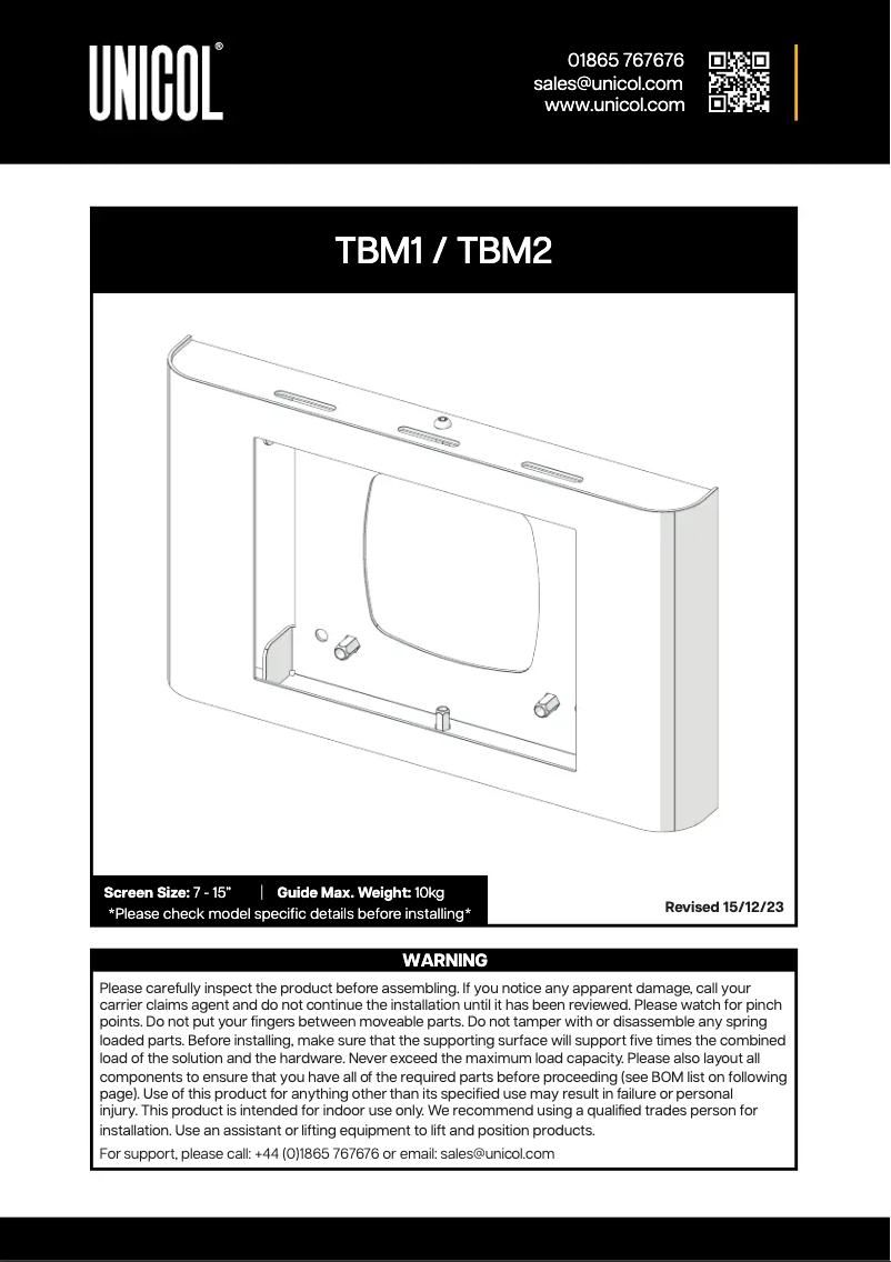 Page n°1 - Manuel utilisateur Unicol TBM1
