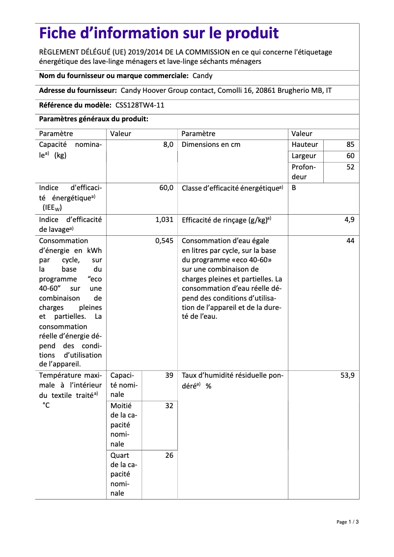 Page 1 de la notice Label énergétique Candy CSS128TW4-11
