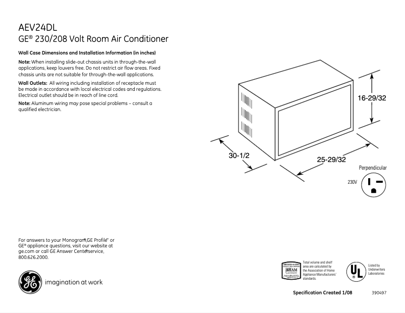 Page 1 de la notice Fiche technique GE AEV24DL