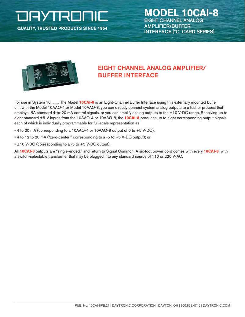 Page 1 de la notice Fiche technique Daytronic 10CAI-8