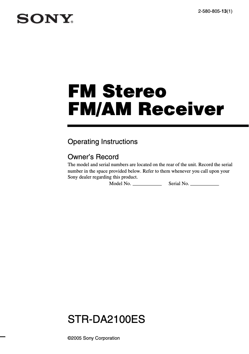 Page 1 de la notice Manuel utilisateur Sony STR-DA2100ES