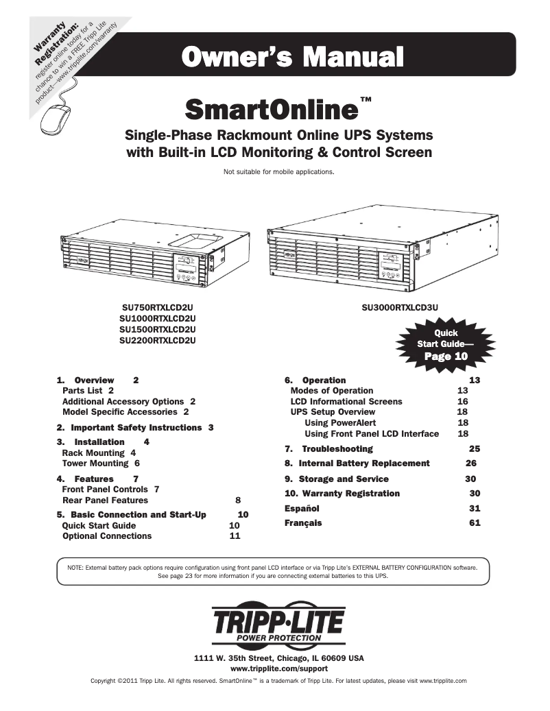 Page 1 de la notice Manuel utilisateur Tripp Lite SmartOnline SU1000RTXLCD2U