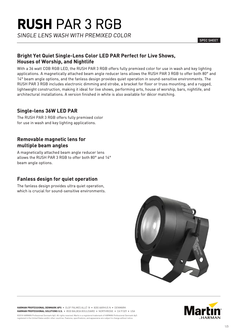 Page 1 de la notice Fiche technique Martin RUSH PAR 3 RGB