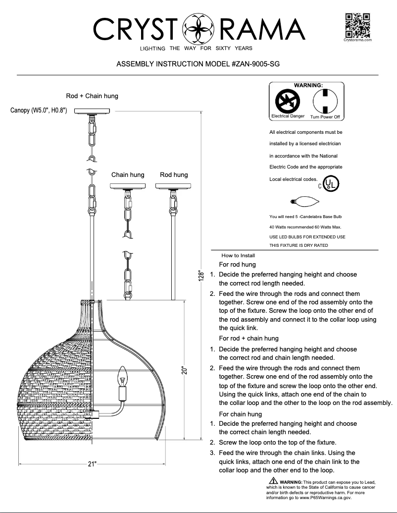 Página 1 del manual Manual de usuario Crystorama Zanzibar ZAN-9005-SG