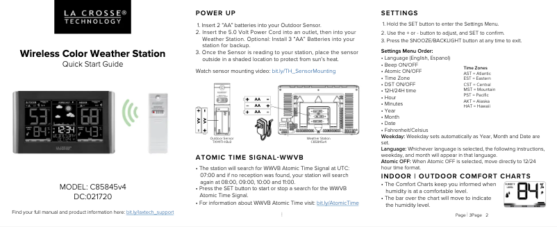 Page n°1 - Guide de démarrage rapide La Crosse Technology C85845V4