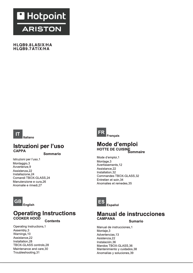 Page 1 de la notice Manuel utilisateur Hotpoint Ariston HLQB 9.8 LASI X/HA