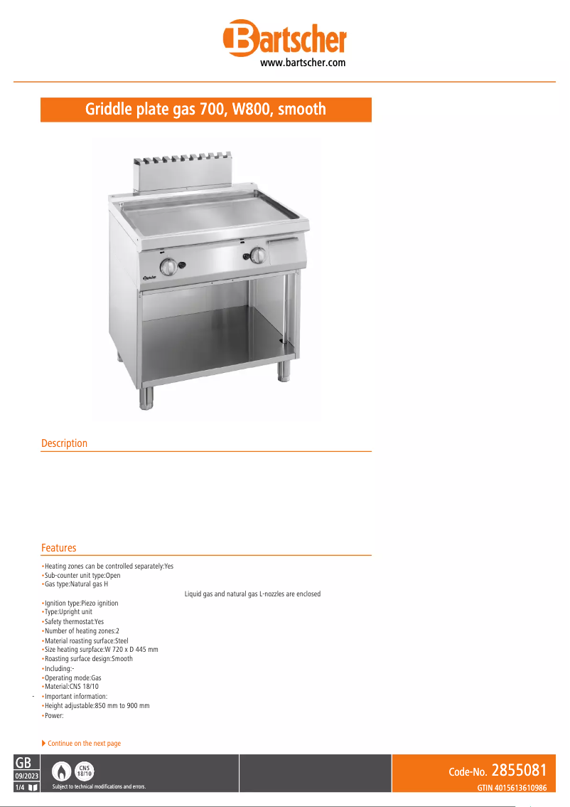 Page n°1 - Fiche technique Bartscher 2855081