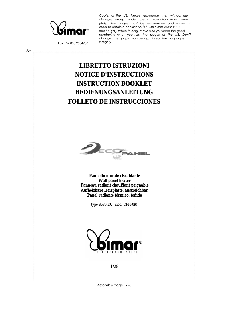 Page 1 de la notice Manuel utilisateur Bimar S580.EU