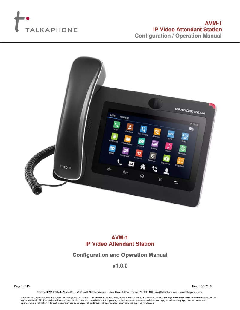 Page n°1 - Manuel utilisateur Talkaphone AVM-1