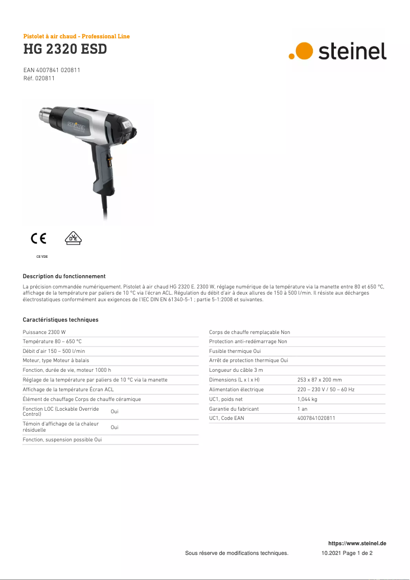 Página 1 del manual Ficha técnica Steinel HG 2320 ESD