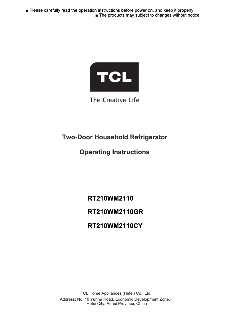 Page n°1 - Manuel utilisateur TCL RT210WM2110