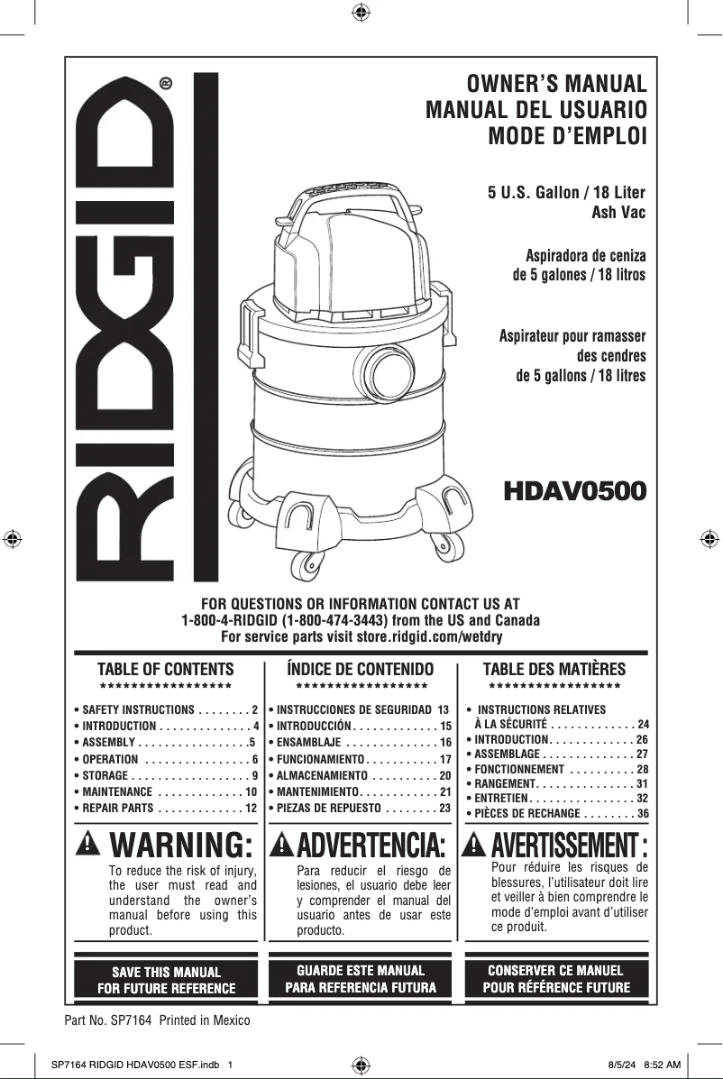 Page n°1 - Manuel utilisateur Ridgid HDAV0500