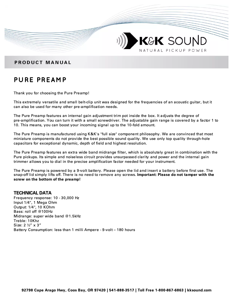 Page 1 de la notice Manuel utilisateur K&K Sound Pure Preamp