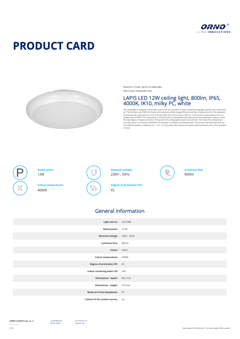 Page 1 de la notice Fiche technique Adviti AD-PL-6118WLPM4
