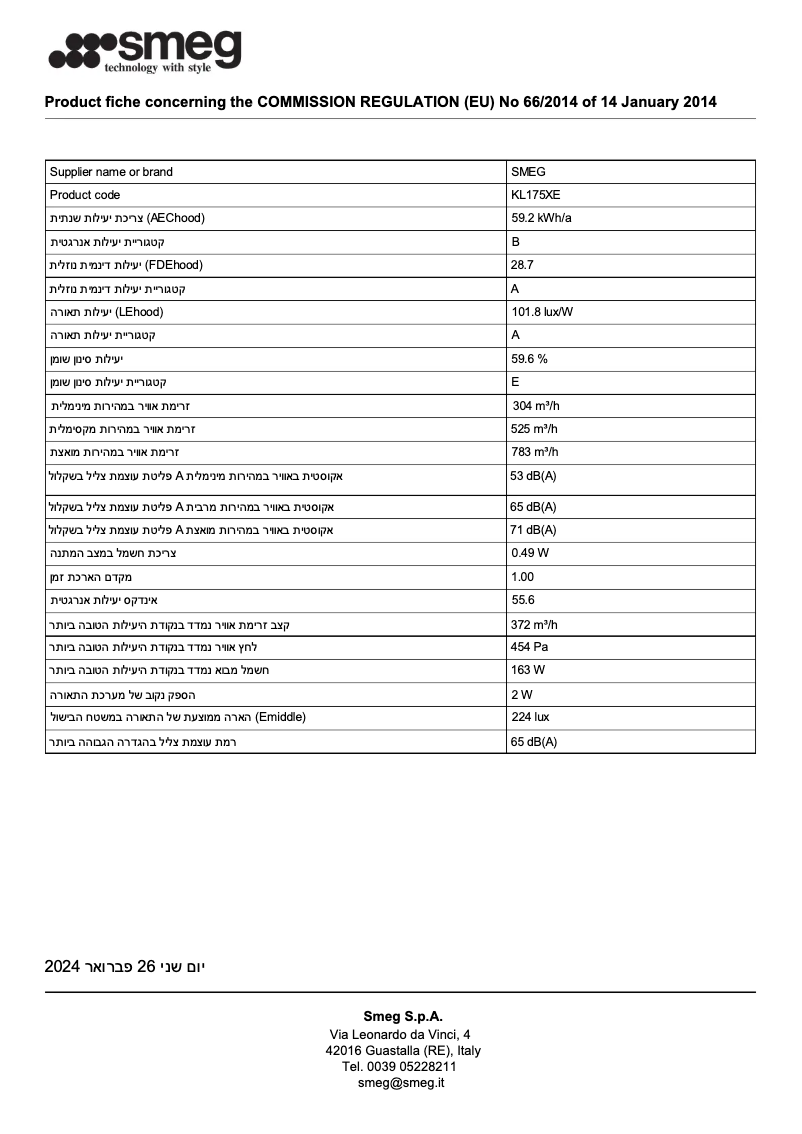 Page n°1 - Fiche technique Smeg KL175XE