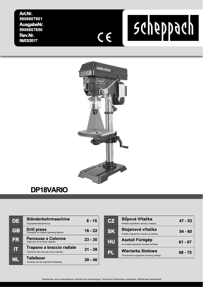 Page n°1 - Manuel utilisateur Scheppach DP18Vario