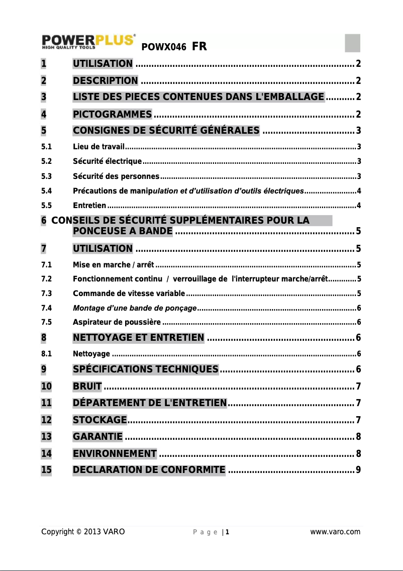 Page 1 de la notice Manuel utilisateur PowerPlus POWX046
