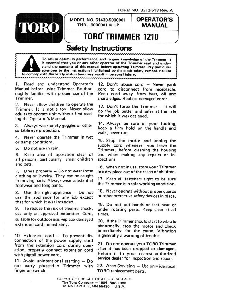 Page 1 de la notice Manuel utilisateur Toro 51430