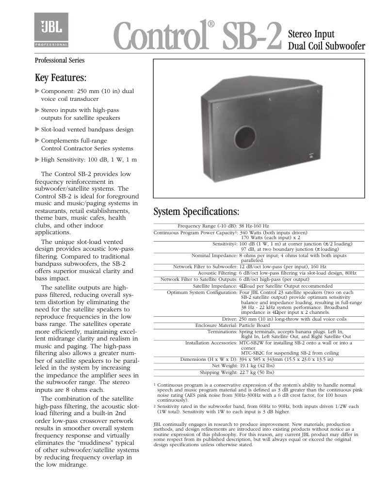 Page 1 de la notice Manuel utilisateur JBL Control SB-2