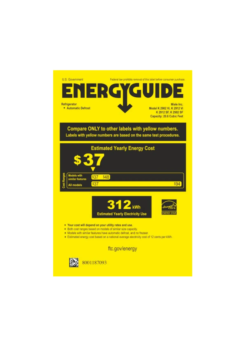 Page 1 de la notice Label énergétique Miele K 2912 Vi
