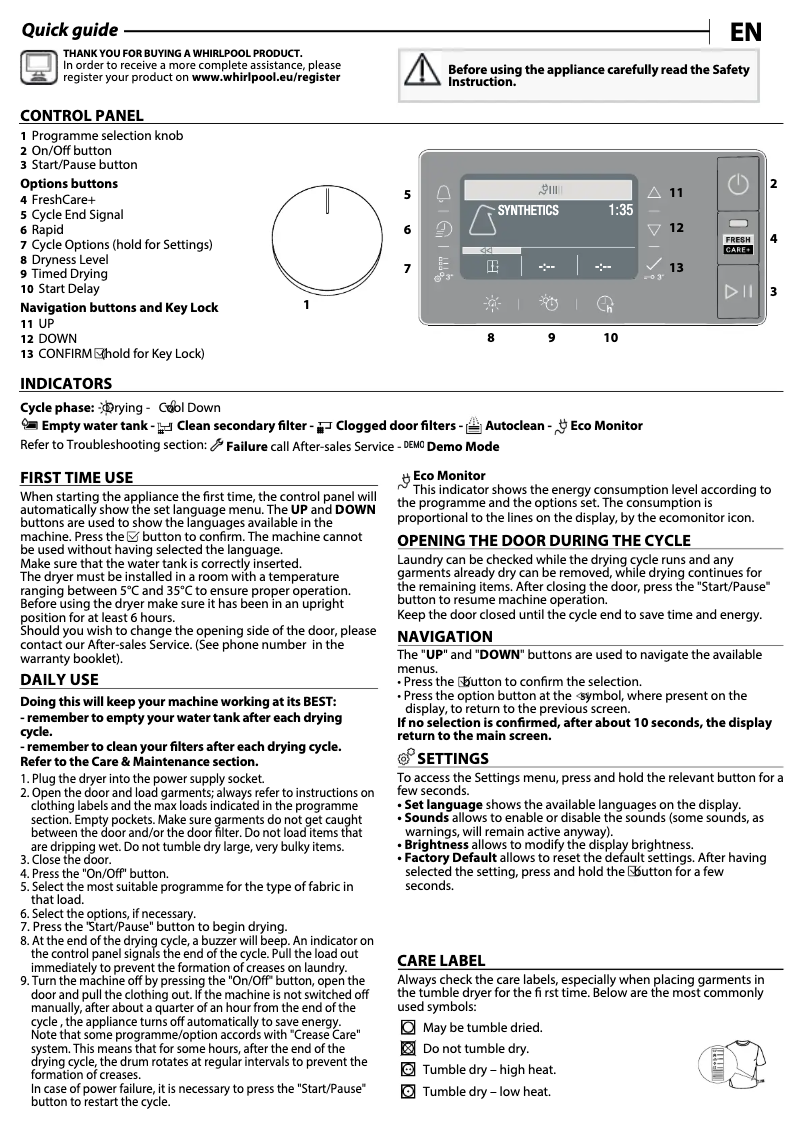 Page n°1 - Manuel d'utilisation et d'entretien Whirlpool W6 D93WB EE