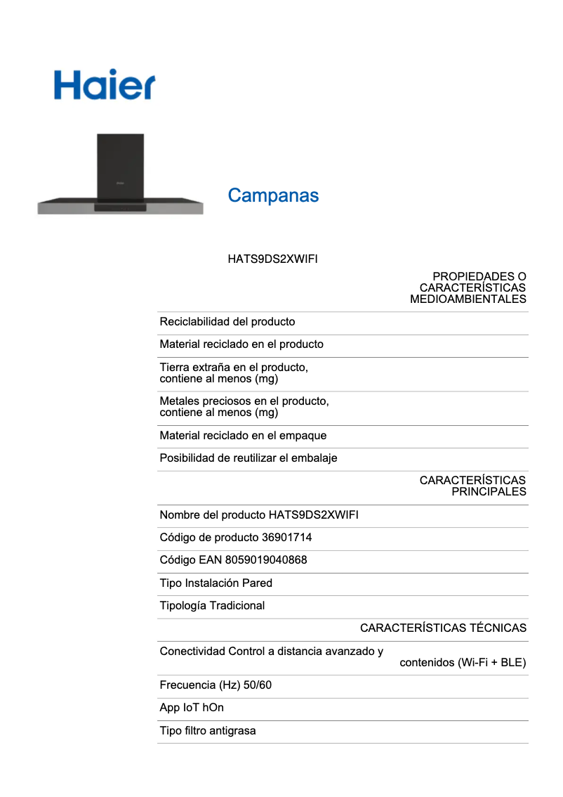 Page 1 de la notice Label énergétique Haier HATS9DS2XWIFI